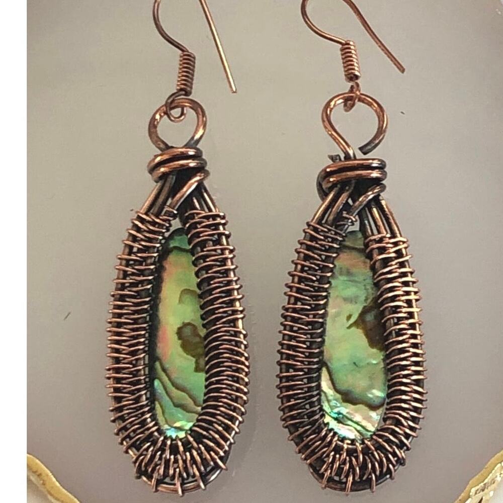 Copper Abalone Shell Copper Wire Wrap Dangle Earrings